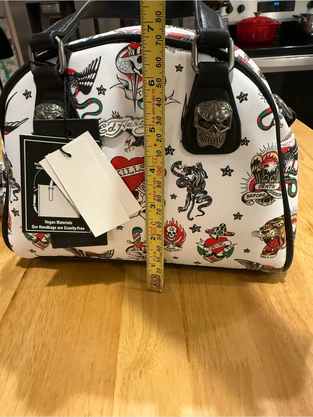 Ed Hardy White Tattoo Print Dome Satchel with Skull Hardware